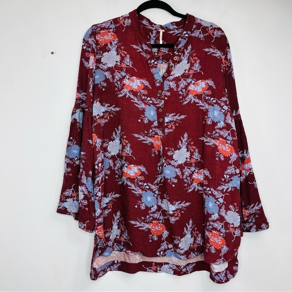 Free People Size Large Oversized Boho Flowy Bell Sleeve Floral Top Tunic J6 - Picture 1 of 6